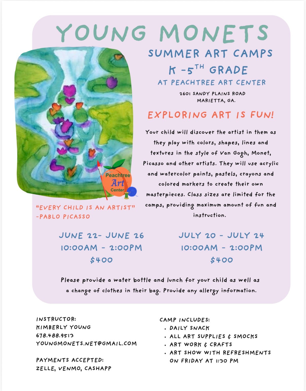 07/20/26, 10am, Young Monets Art Camp